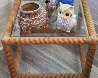 Rattan end table, one of several available, plus a matching coffee table PERIOD Ceramic COMMA wood and glass decor pieces