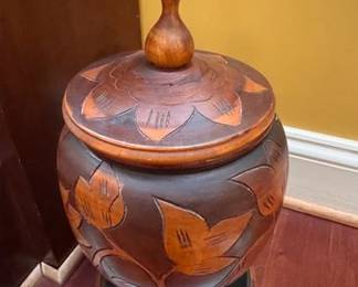 Hand carved wooden urn