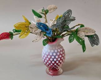 Mini cranberry vase with beaded flowers