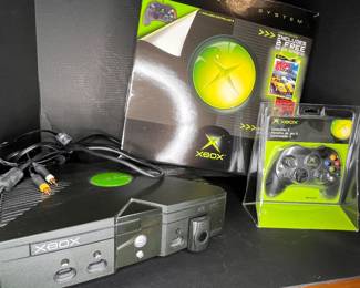 XBOX WITH TWO CONTROLLERS, CORDS AND SEGA GAME