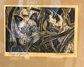 PLUM NELLY FANNIE R MEMNNEN WOODCUT PAINTING