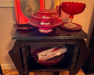 RED GLASSWARE AND TELEPHONE TABLE