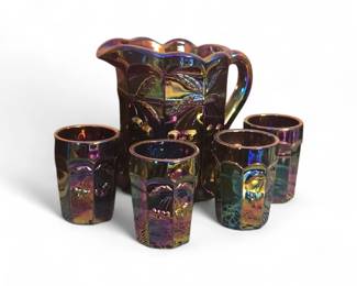 vintage Mosser Glass amethyst carnival glass pitcher and tumbler set featuring the "Cherries and Cable" pattern