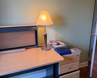 Modern Light Wood and Black Metal Student Desk and File Cabinet