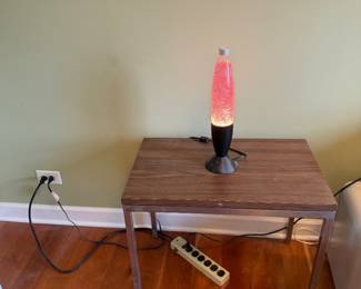 $15 - Pink Glitter Motion Lamp on $55 - Faux-Wood Laminate Side Table - Lava Lamp