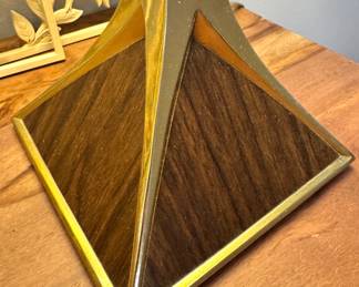 $500, Berko Table Lamp Brass Wood Base Mid Century Modern Sculptural Lighting Tall Drum Shade