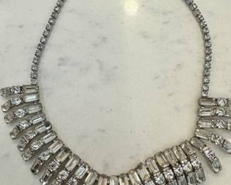 $85, Weissco Rhinestone Necklace Vintage Silver Tone Statement Necklace Clear Baguette Round Stones Fringe Bib Jewelry