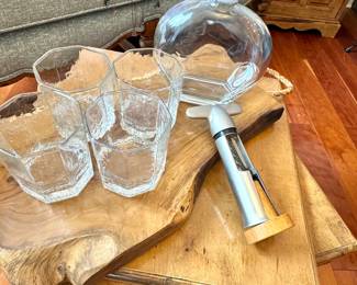 $75, Clear Glass & Wood Barware Set on Live-Edge Serving Tray
