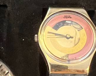 $30, Swatch Quartz Watch Gold Tone Abstract Dial Black Strap Vintage 1990s Casual Watch
