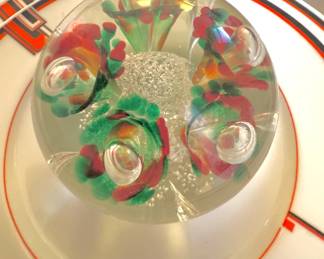 $45, Vintage Murano-Style Art Glass Paperweight Controlled Bubble Millefiori Red Green Clear Mid Century Decor