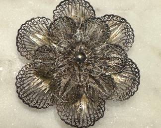 Sterling Silver Filigree Flower Brooch Large Floral Lace Pin Statement Jewelry