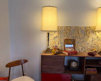 Mid-Century Modern Walnut Storage Cabinet with Red Sliding Door