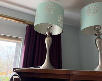 $65 - Brushed Nickel Trumpet Base Table Lamps with Laser-Cut Shades