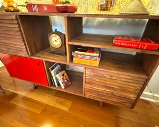 $750, Mid Century Modern Walnut Room Divider Bookcase Credenza Sliding Doors Red Accent Cabinet