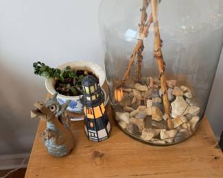 Large Clear Glass Demijohn, Cast Dragon Figure & Nautical Lighthouse Decor