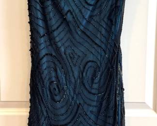 Teal Beaded Evening Gown with Swirling Art Deco Motif