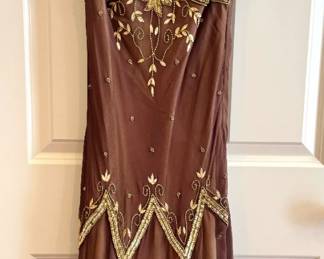 Brown Beaded Chiffon Flapper-Style Evening Dress with Chevron Detail