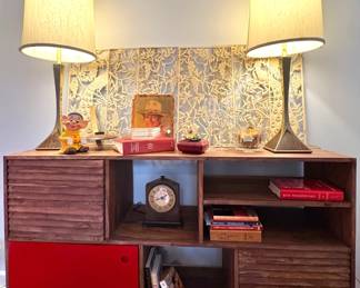 $750 - Mid-Century Modern Style Walnut Asymmetrical Credenza with Slatted Doors