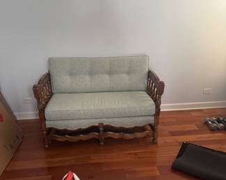 $295 - French Provincial Style Carved Wood Settee with Tufted Upholstery