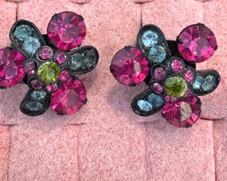 $45 - Japanned Metal Rhinestone Floral Earrings — Fuchsia, Aqua, Peridot