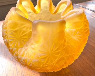 $65, Amber Frosted Glass Bowl Scalloped Edge Starburst Pattern Decorative Centerpiece Dish