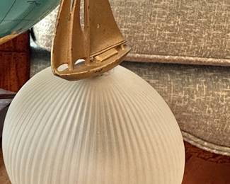 $55, Frosted Ribbed Glass Nautical Accent Lamp with Cast Metal Sailboat Finial