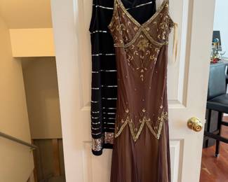 Brown Beaded Art Deco Style Evening Gown & Black Sequined Shift Dress