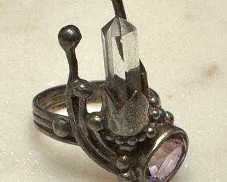 Sterling Silver Quartz Crystal Ring Amethyst Accent Artisan Statement Ring