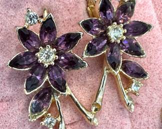 $25 - Gold-Tone Marquise Amethyst Glass Floral Clip-On Earrings