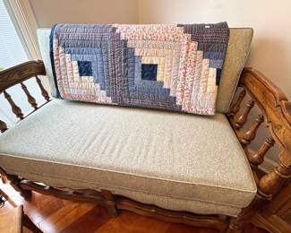 $300 - Colonial Revival Maple Spindle Settee with Log Cabin Quilt