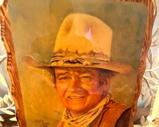 $50, Vintage John Wayne Wood Wall Plaque by Sally Owens 1981 Western Cowboy Portrait Rustic Decor