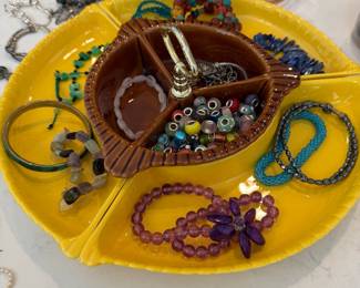 Yellow Ceramic Leaf Divided Dish with Costume Jewelry Assortment