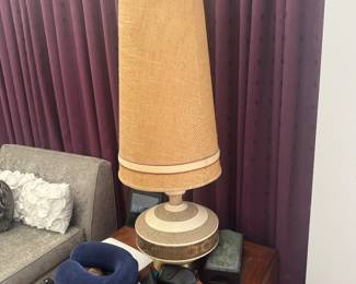 1960s Mid-Century Ceramic Table Lamp with Tall Tapered Burlap Drum Shade