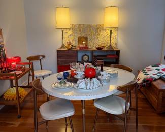 White Laminate Oval Dining Table and Four Wood Chairs Mid-Century Modern
