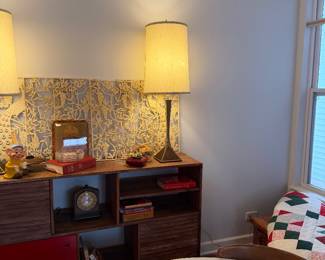 Walnut Asymmetrical Credenza with Slatted and Red Door