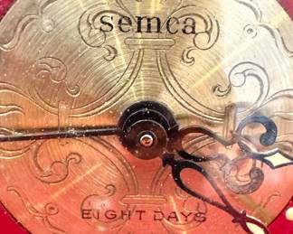 $110, Semca Swiss Brass Desk Clock 8 Day Wind Mechanical Red Enamel Roman Numeral Table Clock