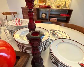 $40, Avon 1876 Cape Cod Ruby Red Candlesticks & Dinner Ware Plates