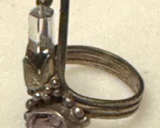 Sterling Silver Quartz Crystal Ring Amethyst Accent Artisan Statement Ring