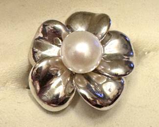 Sterling Silver Pearl Flower Ring & Pendant Set Floral Jewelry Matching Set
