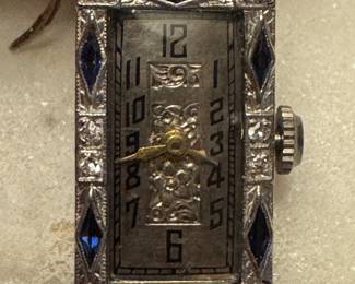 Deco Diamond & Sapphire Ladies Watch 14K White Gold Filigree Wristwatch