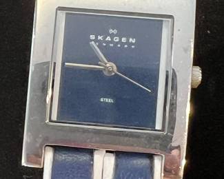 $35, Skagen Denmark Square Watch Blue Leather Strap Stainless Steel Minimalist Quartz Womens Watch