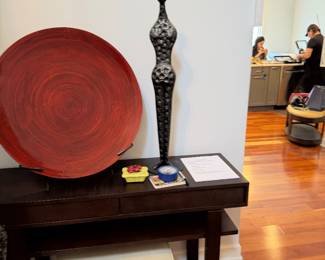 Tall Cast Resin Figural Sculpture and Large Red Lacquer Spun Charger