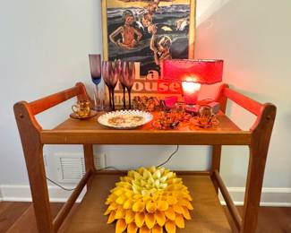 $350,  Teak Danish Modern Two-Tier Bar Cart with Raised Handles