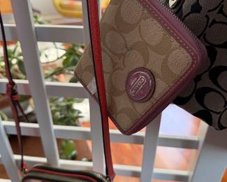 $65 - Coach Signature Jacquard Canvas and Pink Leather Compact Zip Wallet