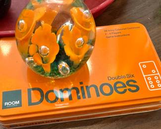 Art Glass Floral Paperweight & ROOM Copenhagen Dominoes Tin