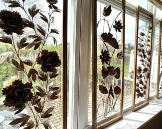 $275, Mid Century Metal Wall Art Panels Set Framed Botanical Floral Sculptural Decor Hanging Panels