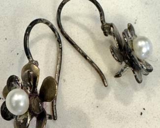 $10 - Silver-Tone Faux Pearl Flower Hook Earrings