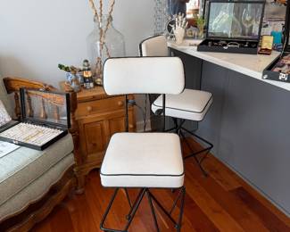 White Vinyl and Black Geometric Iron Swivel Bar Stools