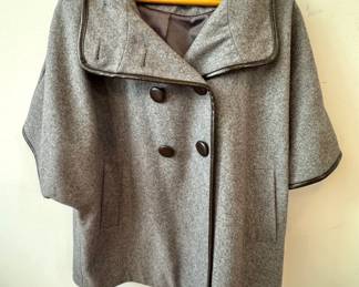 Grey Wool Blend Double-Breasted Cape Coat with Leatherette Trim
