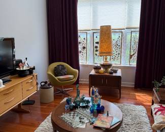 Mid-Century Modern Walnut Credenza & Green Swivel Pod Chair